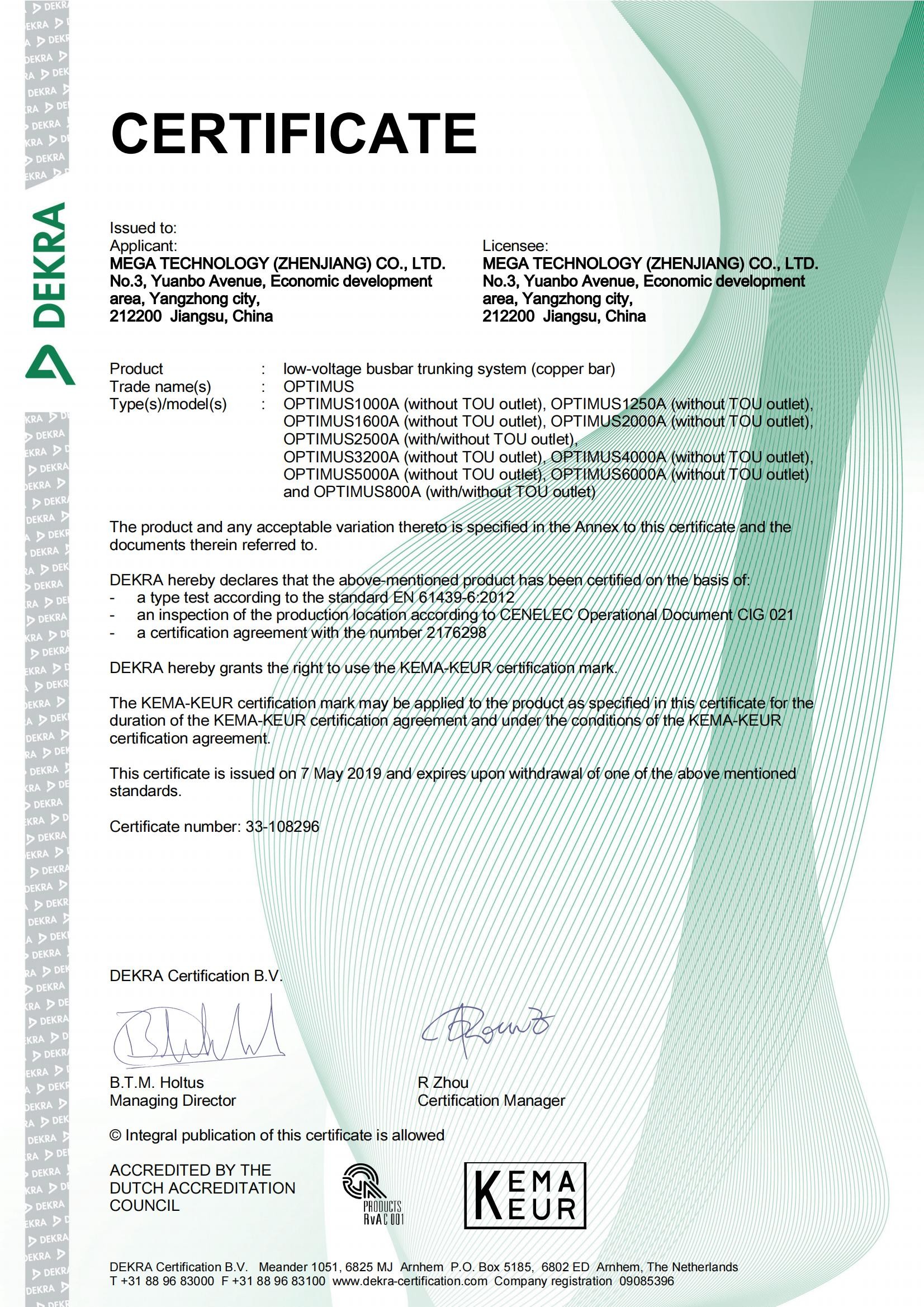 CU- KEMA KEUR CERTIFICATE Certificate- number 33-108296