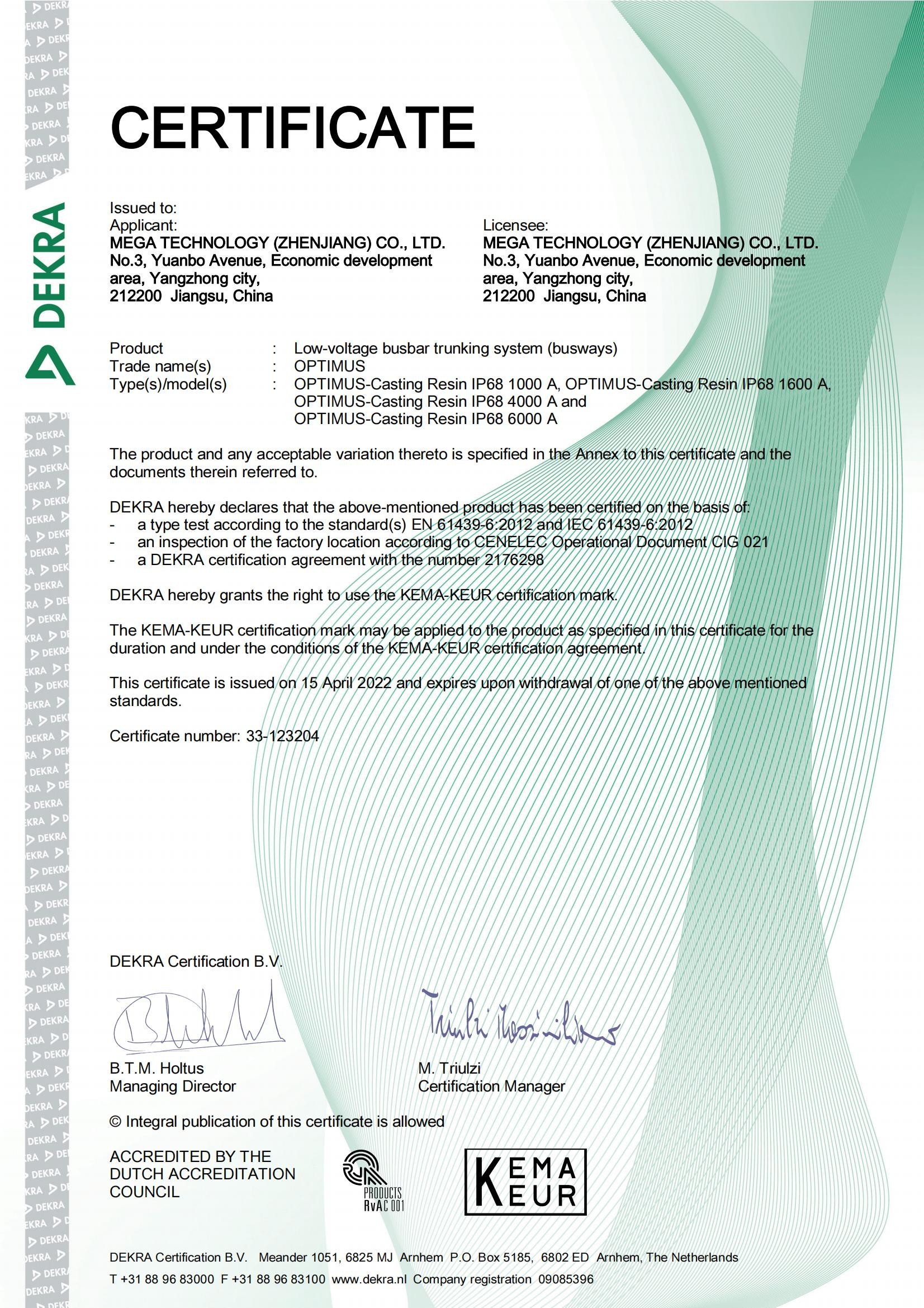 MEGA-CU_CAST RESIN KEMA KEUR Certificate