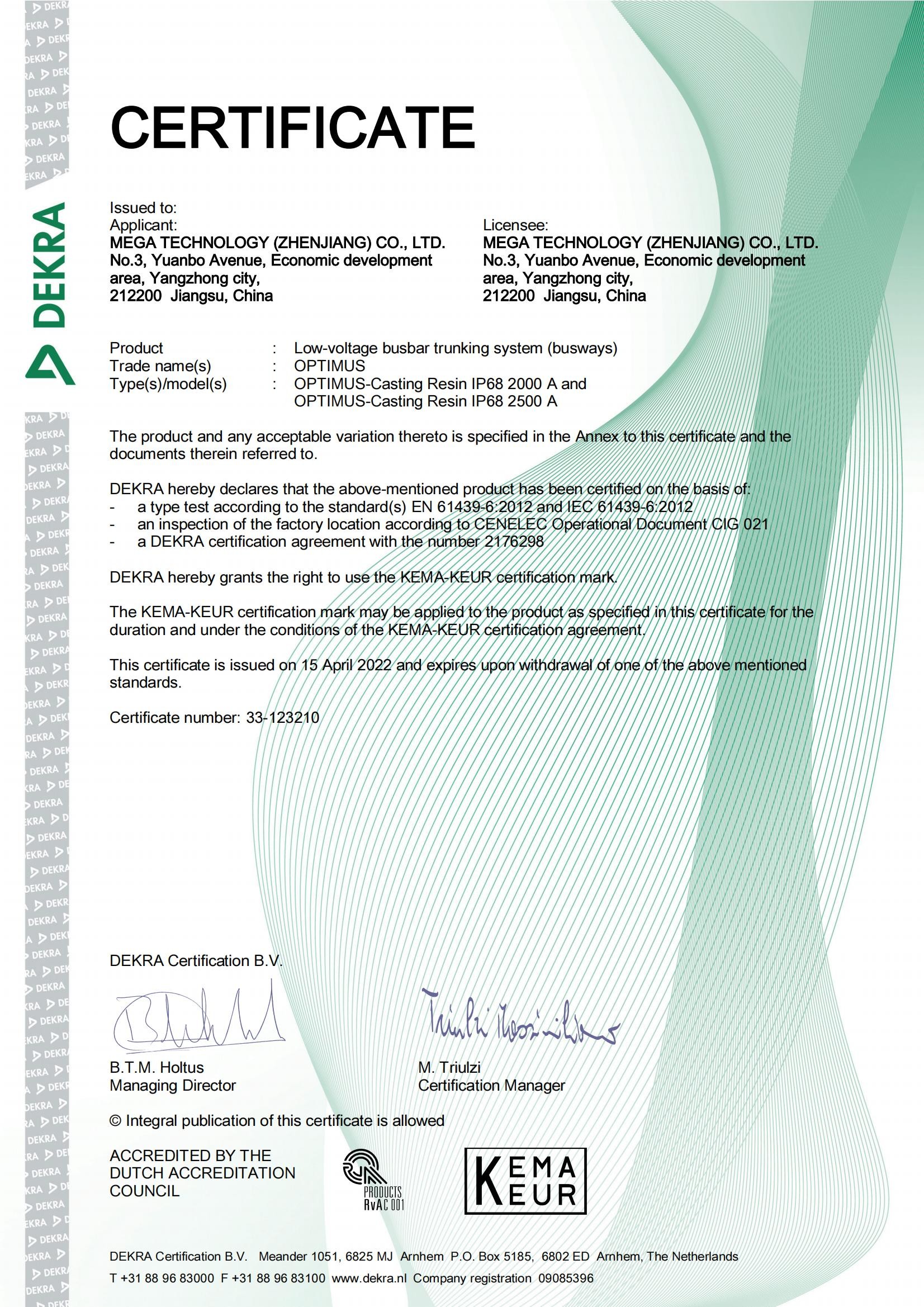 MEGA-AL_CAST RESIN KEMA KEUR Certificate