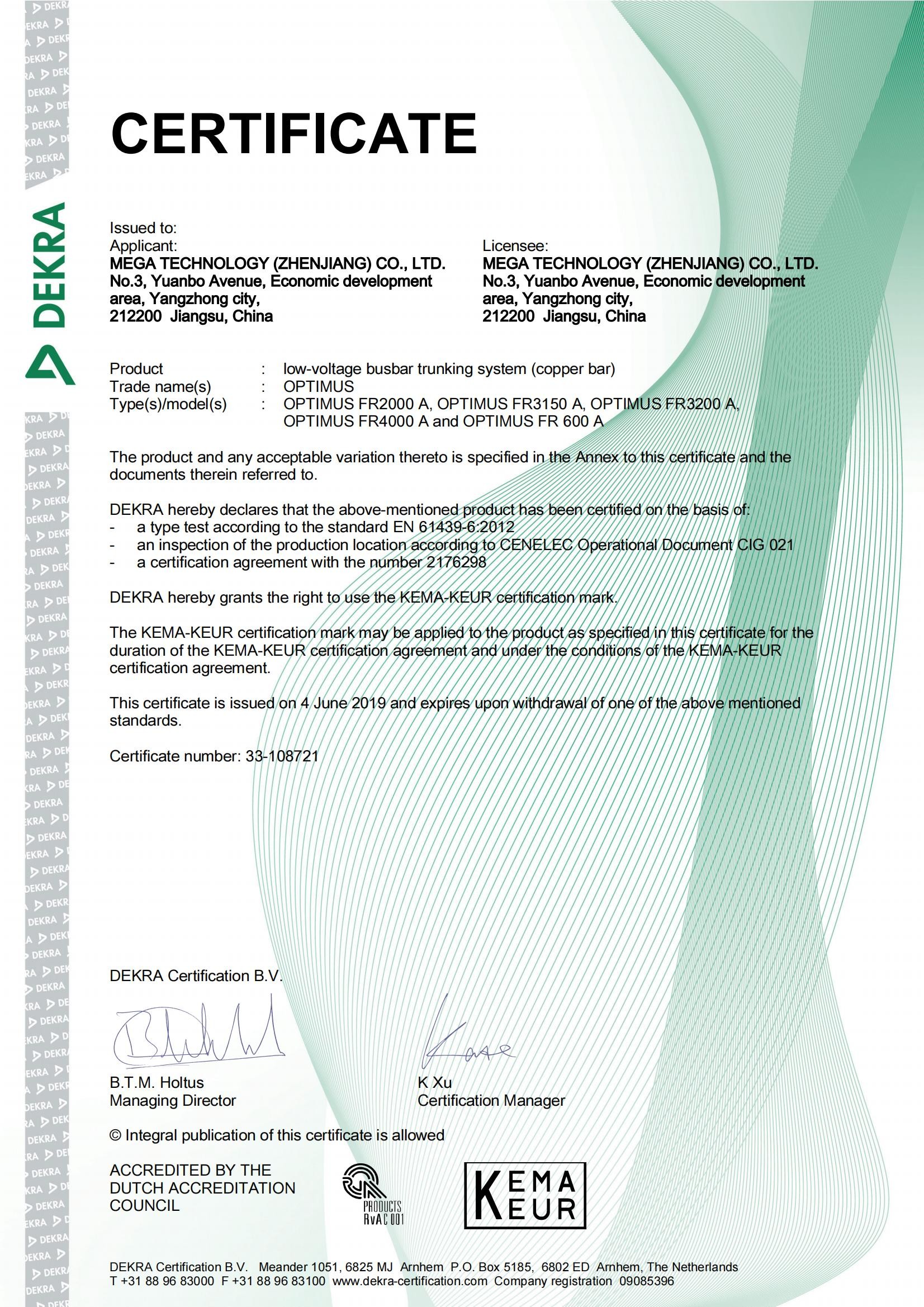 CU- FR KEMA KEUR Certificate